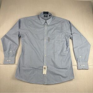 New! Izod Mens Regular Fit Blue White Plaid Dress Shirt Large 16 34-35 Office